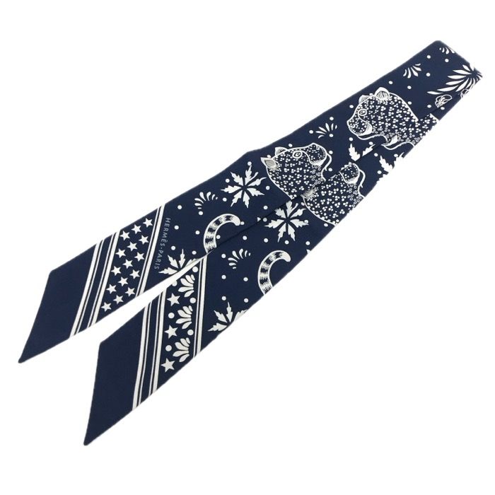 HERMES エルメス ツイリー Les Leopards Bandana バンダナ レオパード スカーフ シルク ネイビー