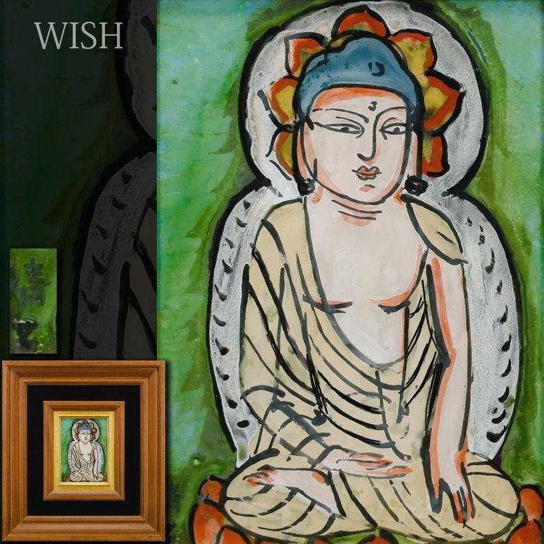 WISH サイン有 ガラス絵 ◆蓮華を背に穏やかに微笑む仏像 25092362