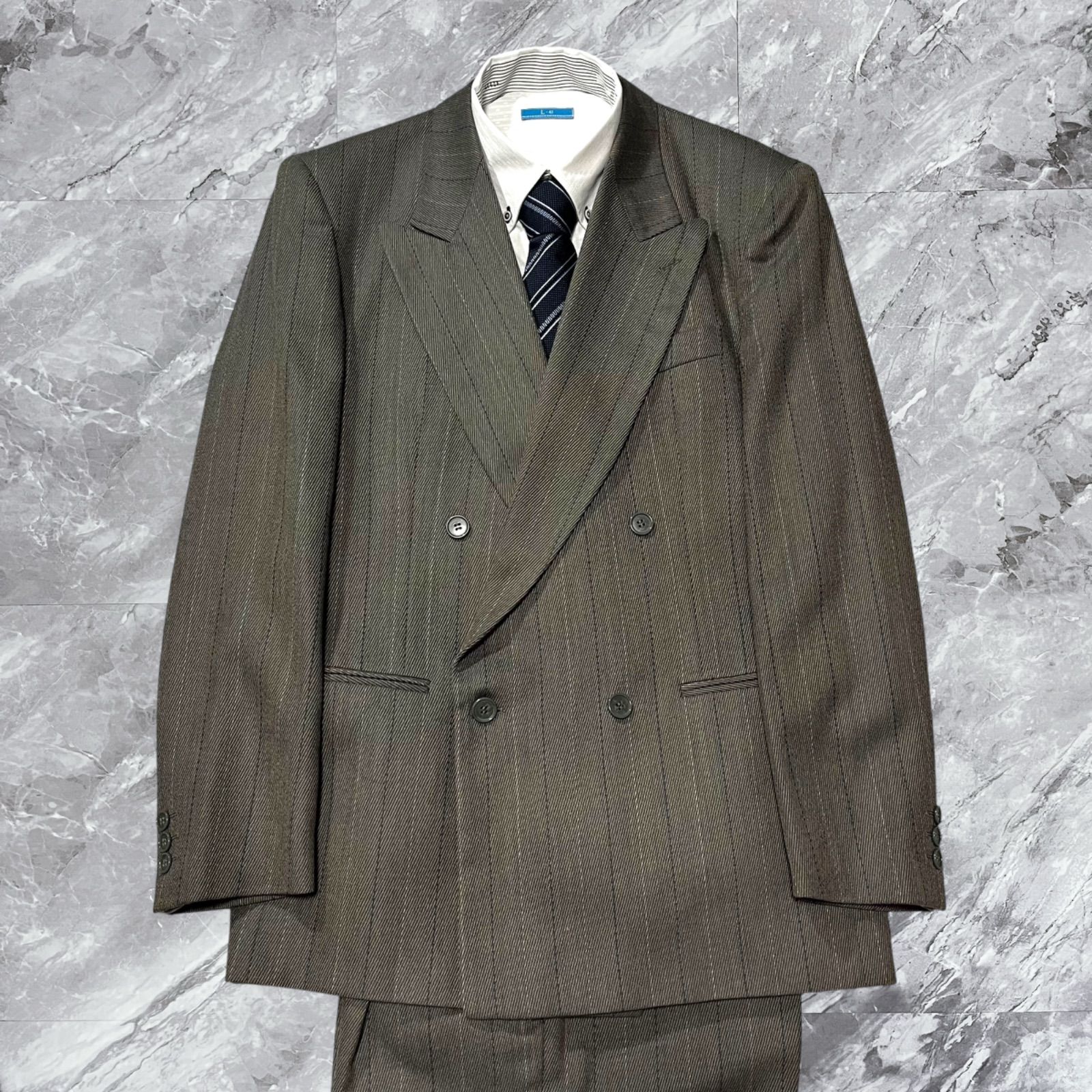 GIANFRANCO FERRE ジャンフランコフェレ STUDIO 0001 BY FERRE セットアップ スーツ 上下セット ヴィンテージ ダブルブレスト ストライプ ウール イタリア製 グレー 灰色 サイズ48 L相当