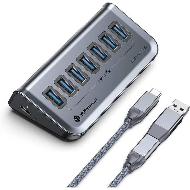 Yottamaster【最新USB ハブ】 USB3.2 Gen2 ハブ 7ポート 10Gbps高速データ転送 USB3.2 5V/3A給電ポート USB Cハブ（USB C to CとAケーブル0.5m付き）ラップトップPC対応