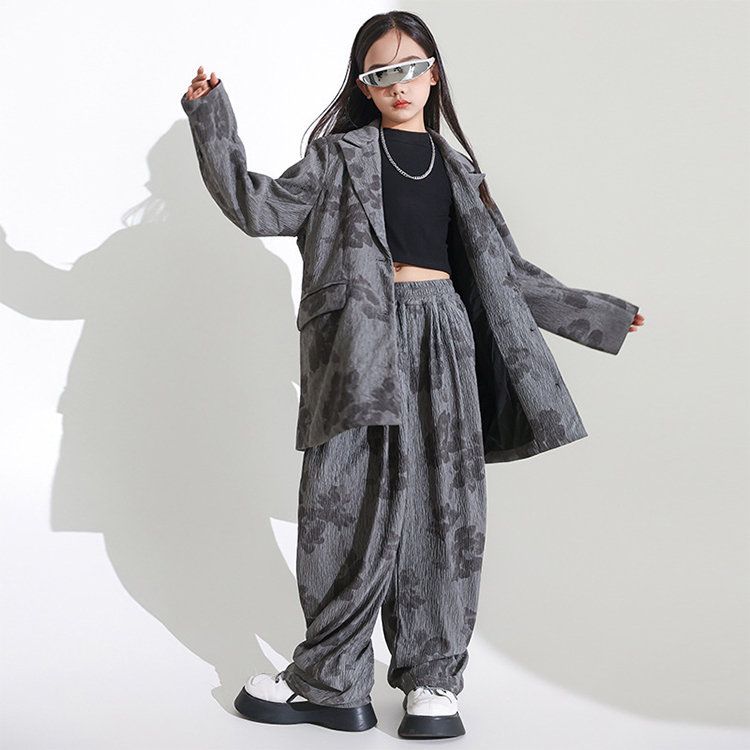 上品 花柄 キッズ ダンス衣装 スーツ セットアップ グレー