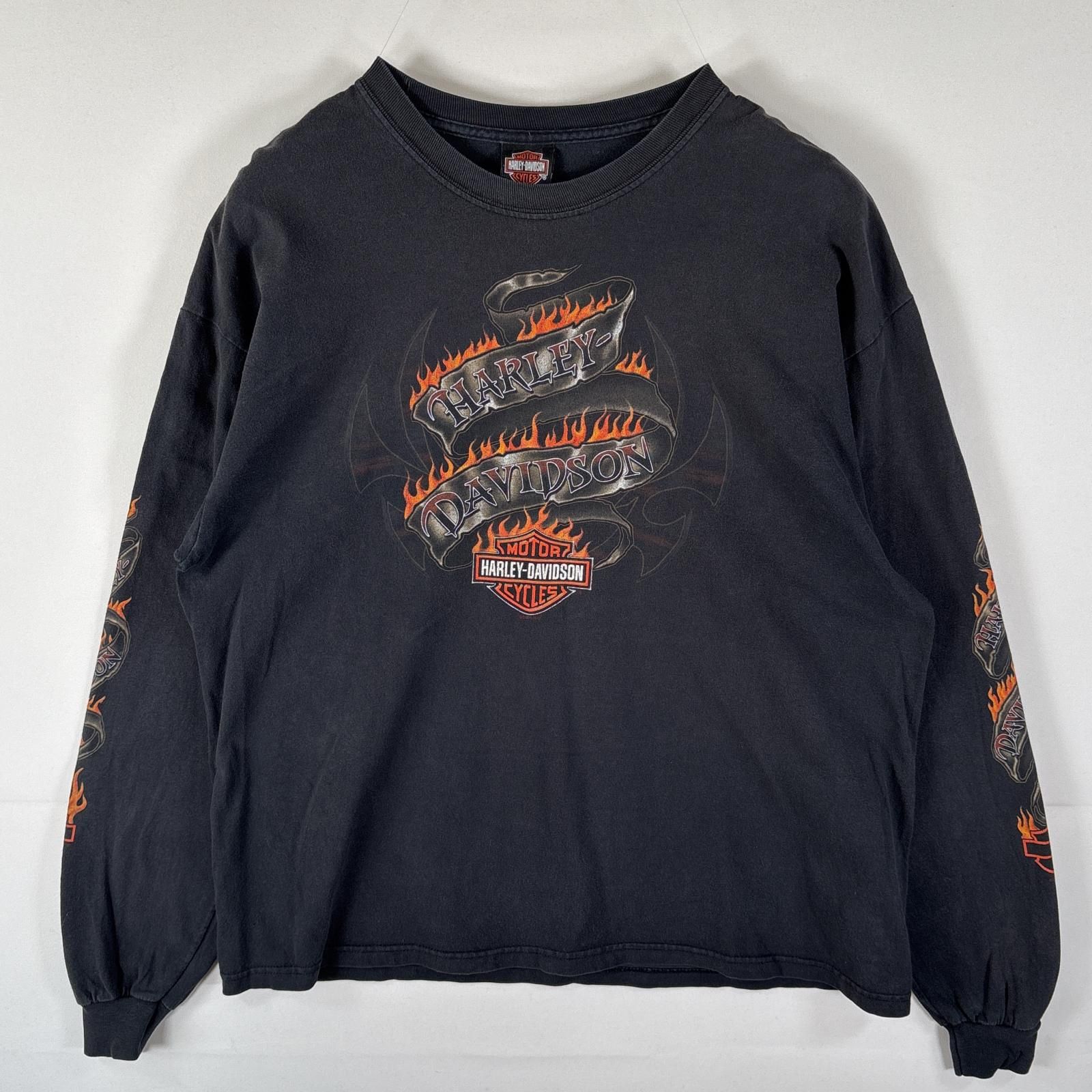古着 ハーレーダビッドソン HARLEY DAVIDSON 長袖Tシャツ ロンT ラバープリント ファイヤーパターン コピーライト XL ブラック メンズ