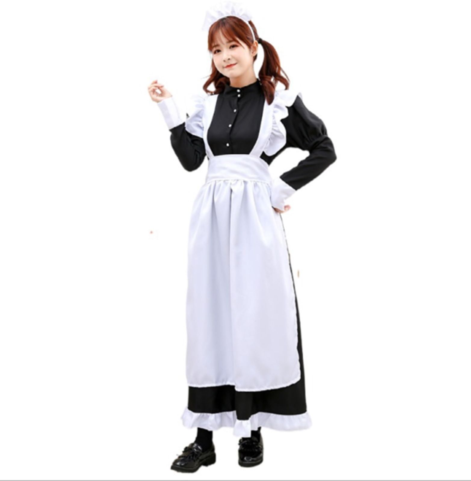 [CosMisty] メイド服 コスプレ 衣装 3点セット 白黒 ワンピース ハロウィン 英国風 エプロン 大きいサイズ 可愛い ロリータ ゴスロリ ロング (size XL) [size XL]