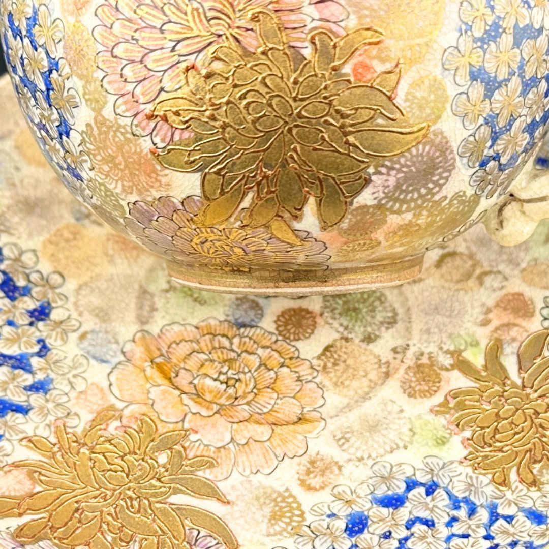 希少】明治期 京薩摩 薩摩焼 カップ＆ソーサー 金光山銘入り 百花繚乱