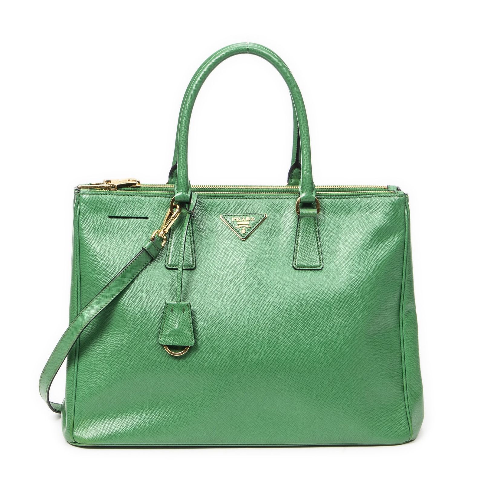 PRADA プラダラージダブルジップ ガレリア トート緑サフィアーノ ラックスレザーA