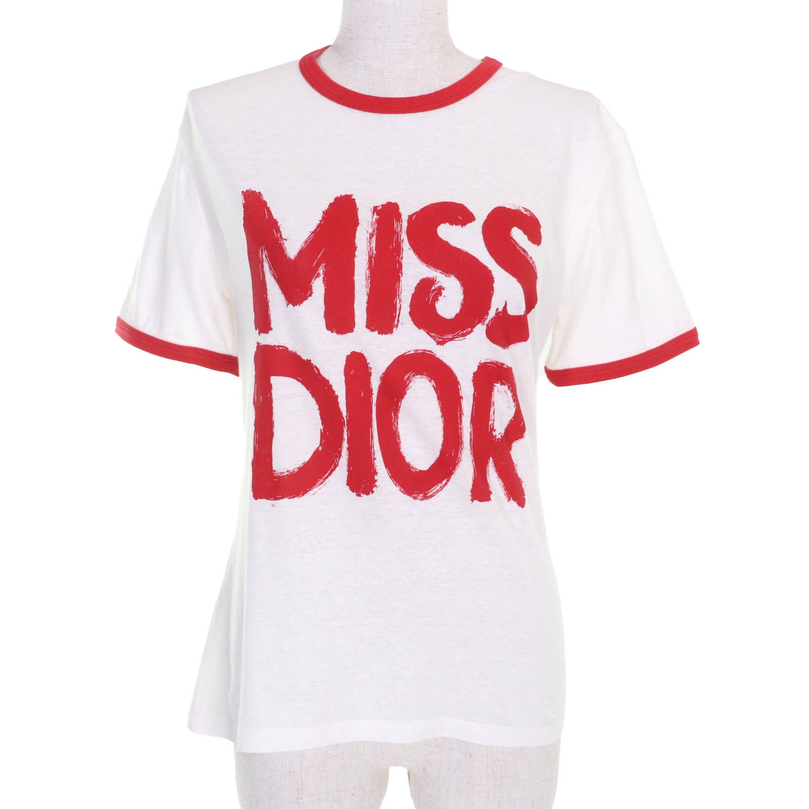Christian Dior クリスチャンディオール 453T40A4554 コットン リネン MISS DIOR GRAFFITI クルーネック 半袖Ｔシャツ アイボリー レッド S イタリア製 正規品 レディース