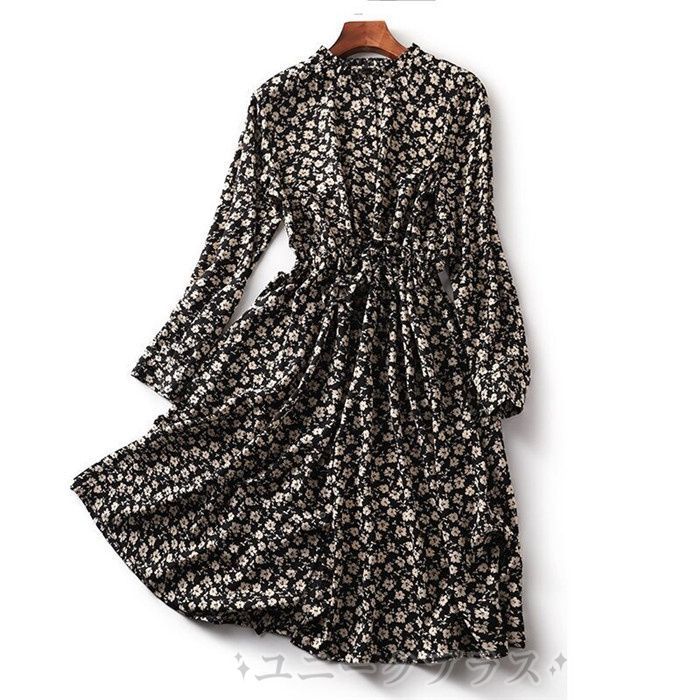 レリアン　ロングワンピース　長袖　総柄　ハート柄　フリル　シフォン　11 白黒 レリアン ロングワンピース 長袖 総柄 ハート柄 フリル シフォン 11