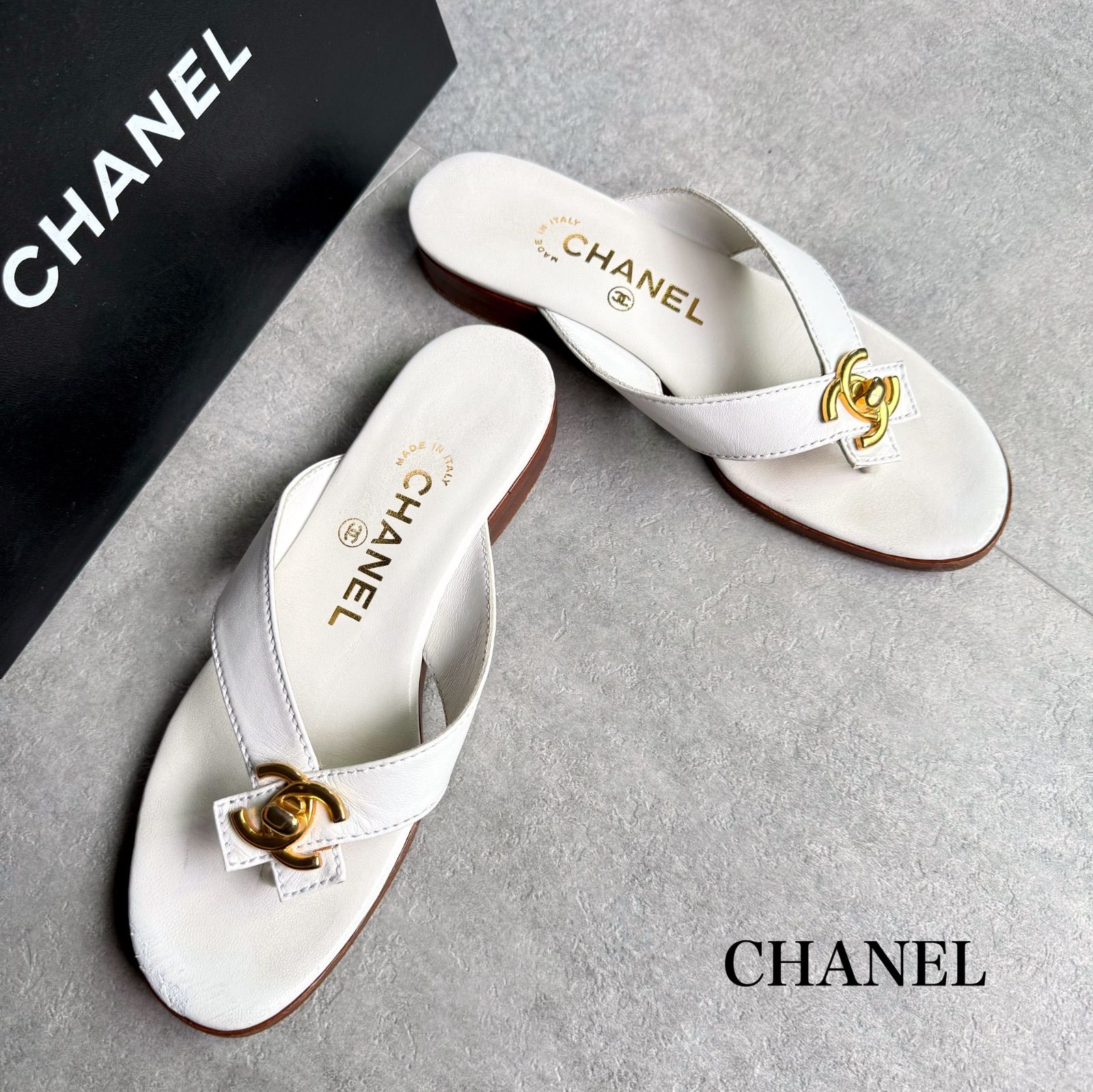 CHANEL シャネル ターンロック サンダル ココマーク レザー ホワイト ゴールド 36 23cm