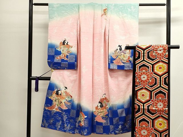 平和屋着物七五三　女の子　7歳　祝着・帯セット　童子遊び　暈し染め　金彩　逸品　CAAI4083ze