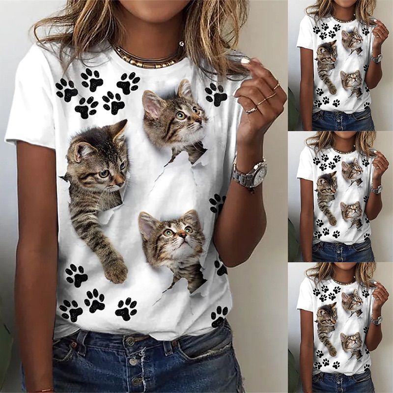可愛い 3D 猫 Tシャツ 半袖 薄手 ねこ 白 レディース クルー