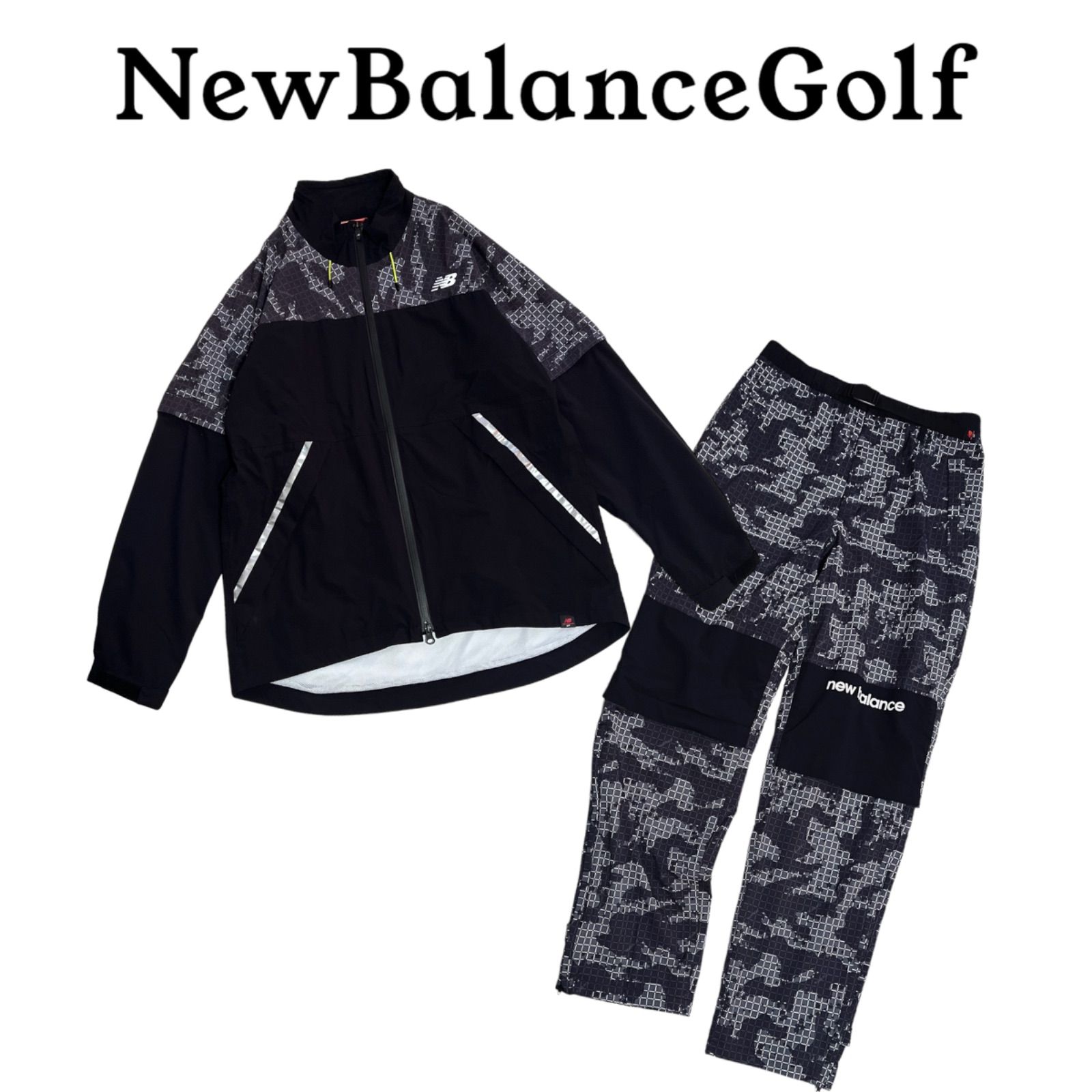 美品  メンズ ニューバランス ゴルフ レインウェア セットアップ 4 収納袋付 雨具 カッパ NewBalanceGolf NewBalance ブラック 黒 カモフラ 迷彩