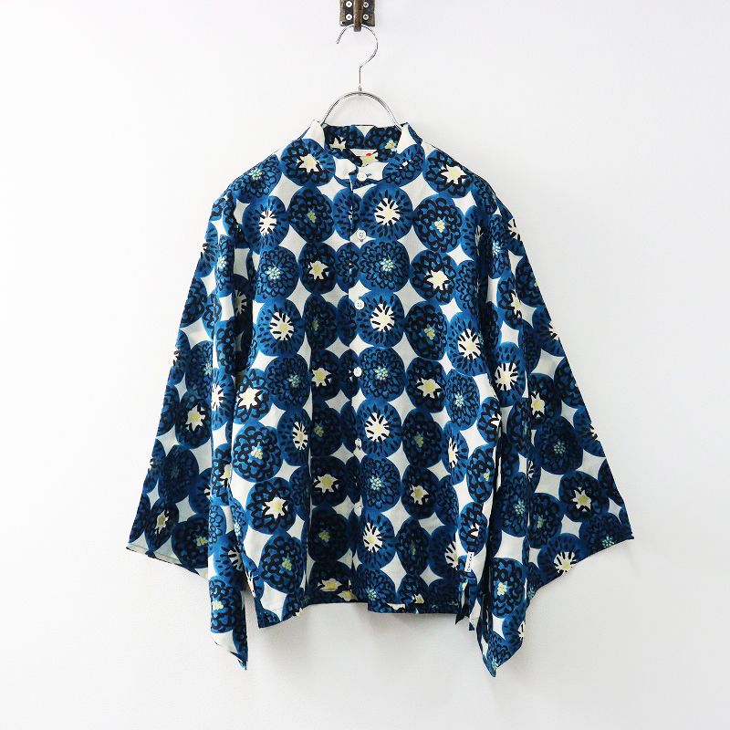 ソウソウ SOU SOU 京都 モスリン 草衣 上 寒菊 シャツ M アイボリー ブルー ブラウス ウール バンド 2400014606874