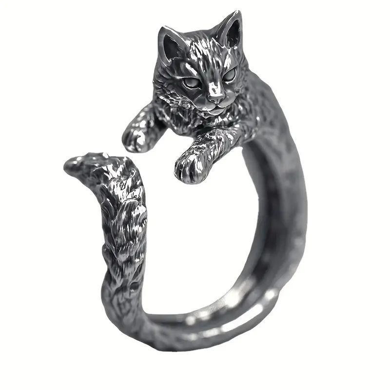 男性用レトロ猫リング、猫好きの方へのユニークなギフト猫デザイン合金リング - 愛らしい猫が指に巻きつくおしゃれなアクセサリー
