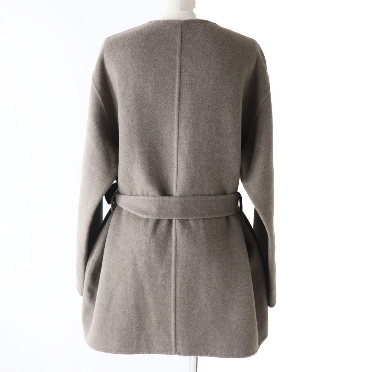 ベビーカシミヤ100％ ベルト付き ダブルフェイス ノーカラー 比翼コート 灰 ベビーカシミヤ100％ ベルト付き ダブルフェイス ノーカラー 比翼コート 灰