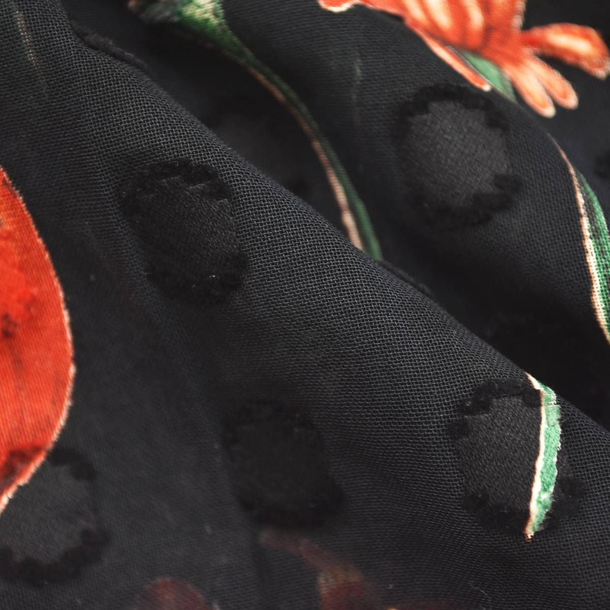フランス製 キャロルグレイ CAROLE GREY 長袖 ノーカラー シースルー シャツ ブラウス 40 ブラック x 花柄 マルチカラー ガーリー  レディース ♪ 美品】 フランス製 キャロルグレイ CAROLE GREY 長袖 ノーカラー