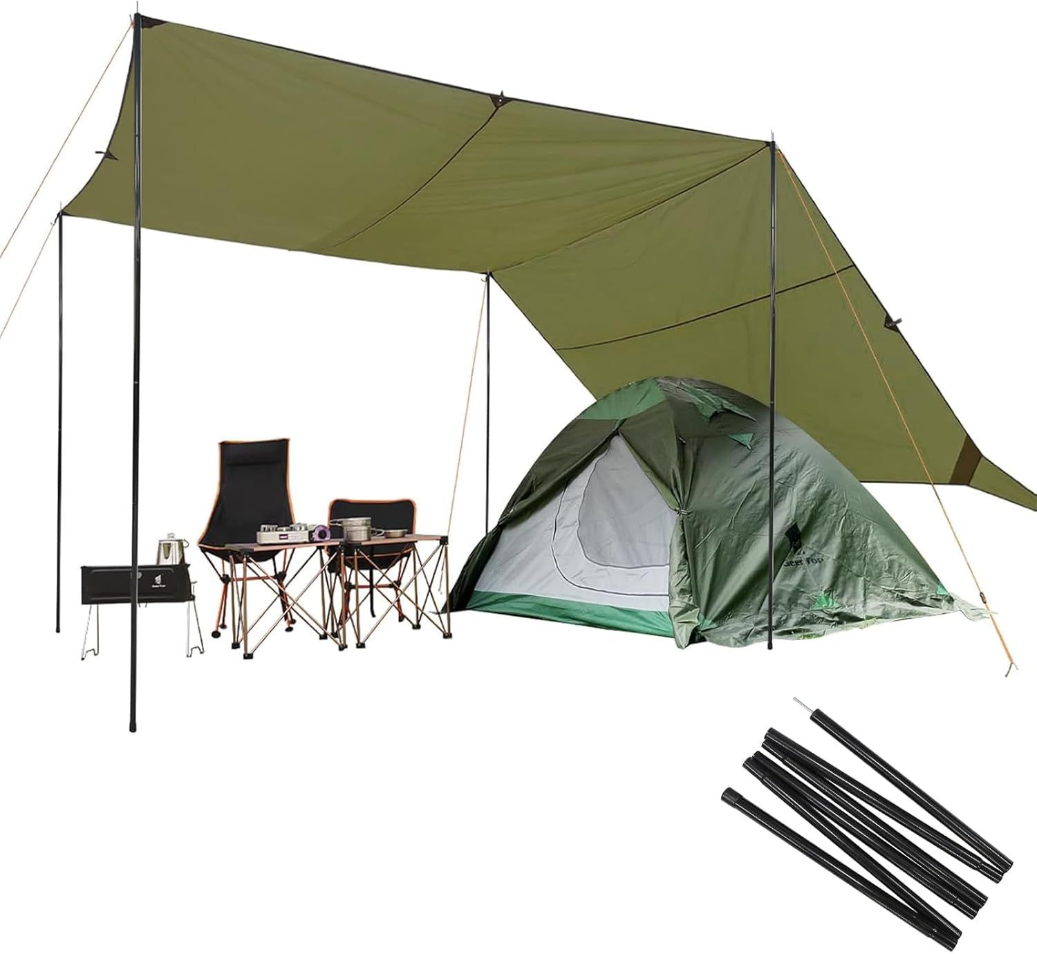 Geer Top 防水タープ キャンプ タープ 3m×5.25m 大型 遮光 遮熱 耐水3000mm 耐摩耗 日よけ カーサイドタープ アウトドア レジャー ピクニック 公園 観戦 車中泊 ビーチ ダークグリーン ポール4本付き