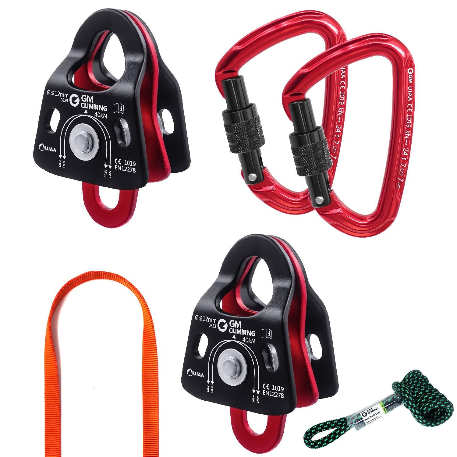 Color セット | レッド GM CLIMBING CE UIAA認証 40kN マイクロダブルプーリー ボールベアリング使用 5 1 倍力システム プーリーシステム メカニカルアドバンテージ クライミング リギング レスキュー アーボリスト用 キットセッ