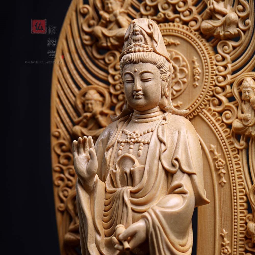修縁堂】木彫り 仏像 観音菩薩立像 精密彫刻 一刀彫 天然木檜材 仏師で 