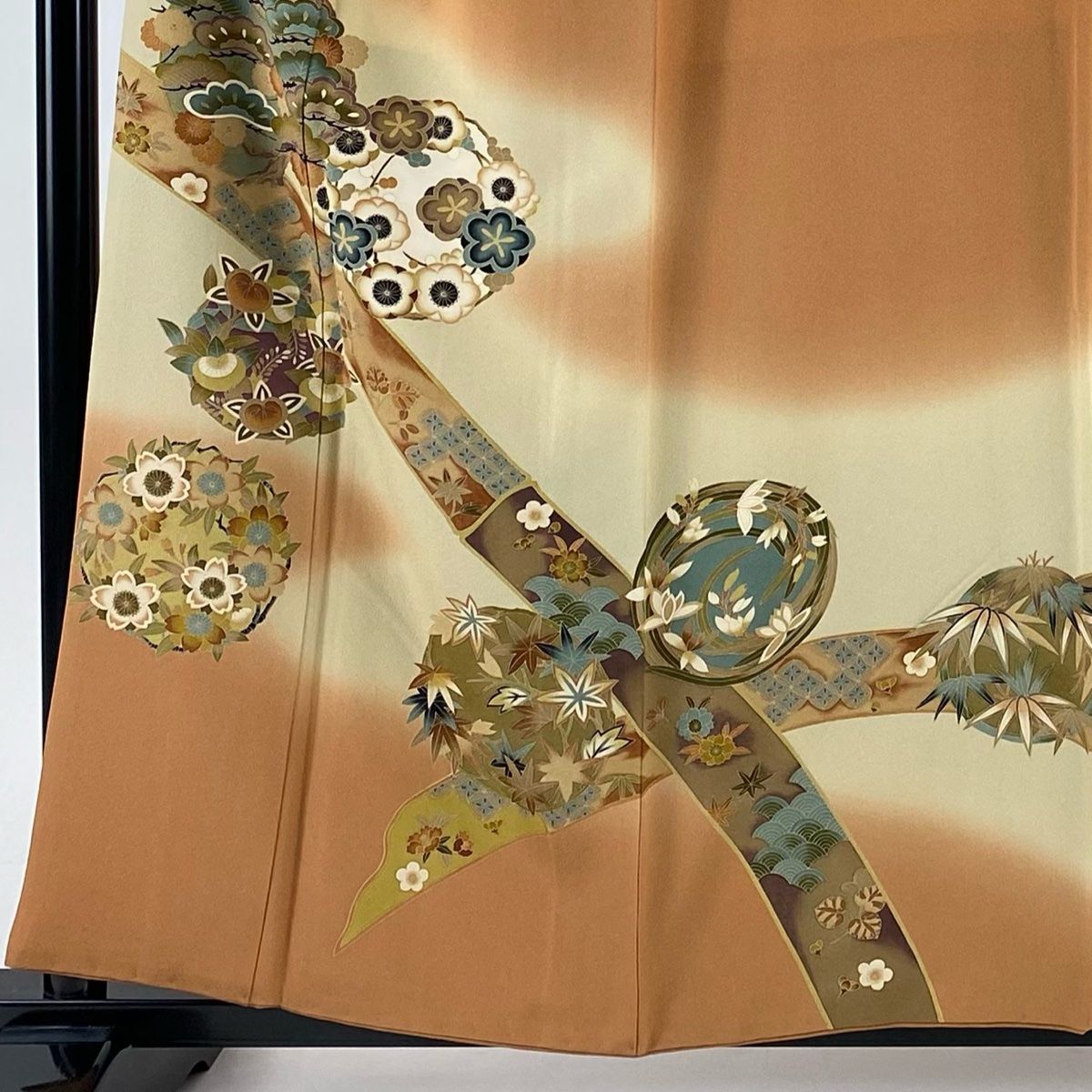 訪問着 身丈157cm 裄丈65cm M 袷 田村哲彦 落款 花丸文 松竹梅 ぼかし オレンジ 正絹 秀品