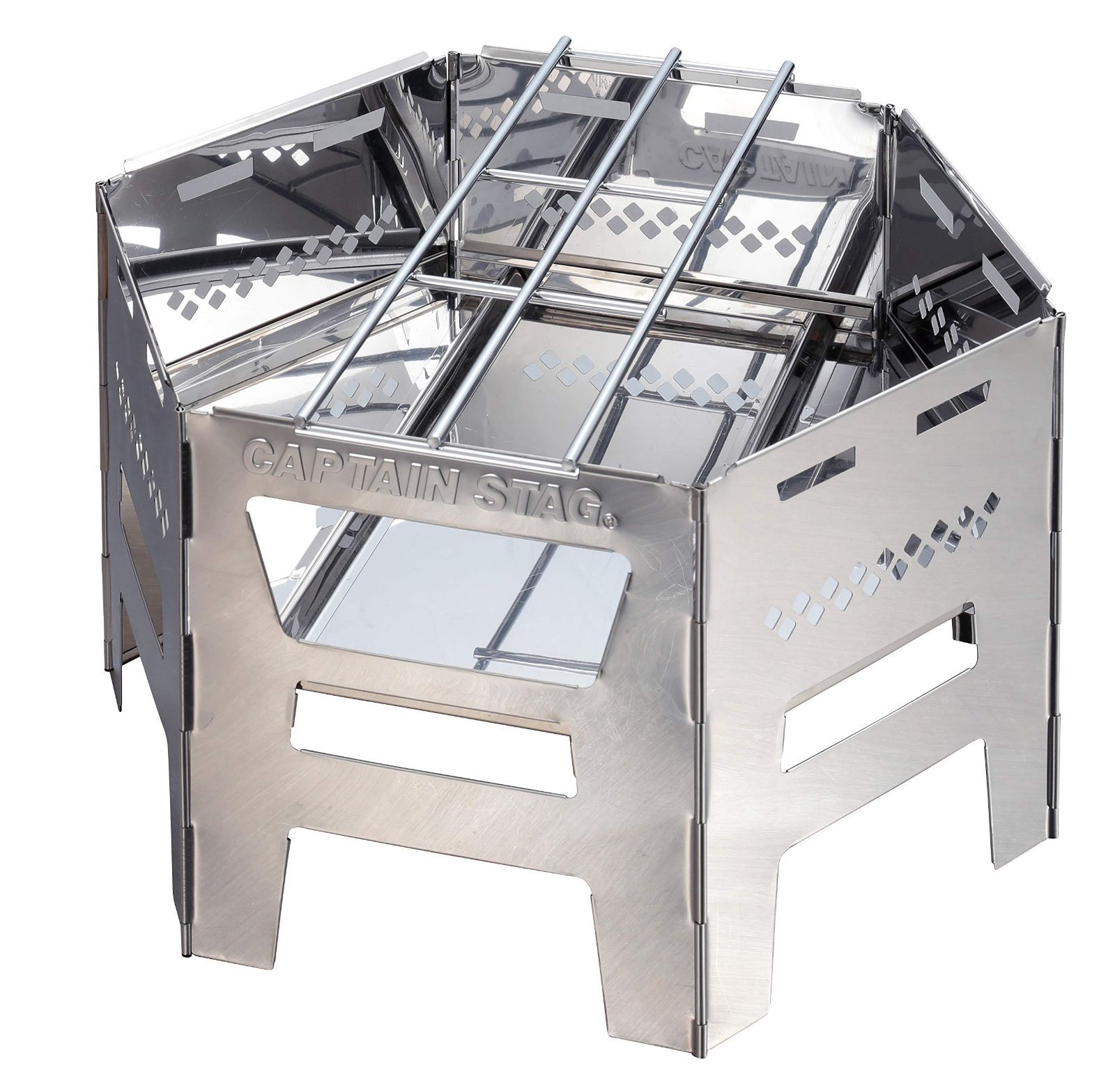 30日間返品交換可能！ 人気商品 カマドグリル ヘキサステンレス 1台4役 継ぎ足し口 ゴトク バッグ付き 煮炊き ダッチオーブン UG-73 焚火台 シルバー バーベキューコンロ STAG 組立サイズ 約 幅450×奥行390×高さ260mm キャプテンスタッグ CAPTAI