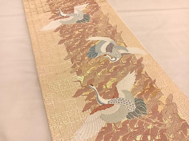 5k2062 袋帯　絹　鶴　金色　茶色　柄物　和装　着物 5k2062 袋帯 絹 鶴 金色 茶色 柄物 和装 着物 レディース