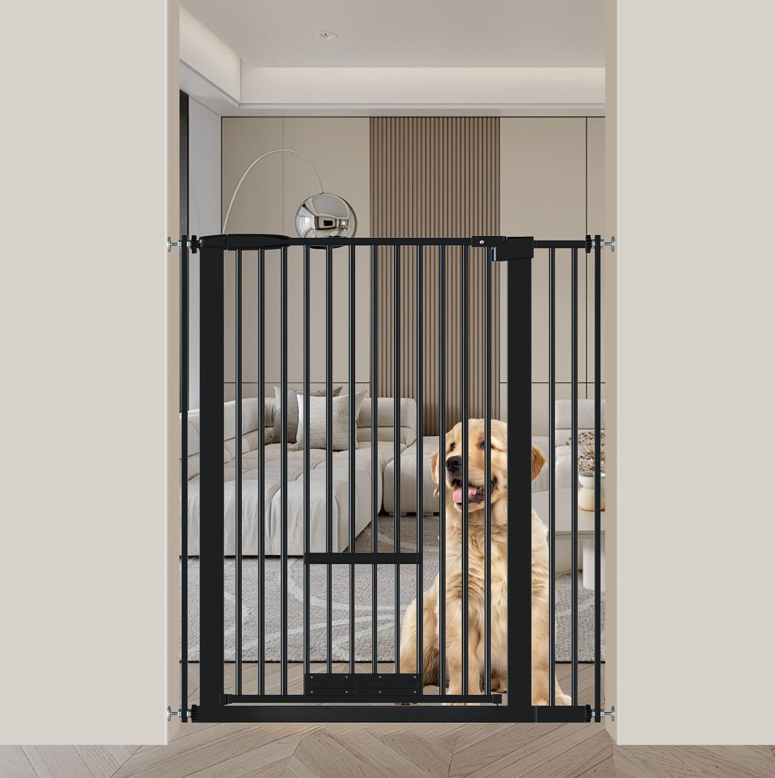 高さ103cm 猫ドア付き 猫ゲート 間隔3.5cm ペットドア付き 過密フレーム付き ペットゲート ペットゲート ハイタイプ ベビーゲート Foreng 突っ張り式 ブラック CM