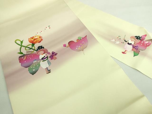 平和屋着物■極上　塩瀬　九寸名古屋帯　メルヘン　小鳥　淡黄色地　逸品　DZAA6794kh5 平和屋着物□極上 塩瀬 九寸名古屋帯 メルヘン 小鳥 淡黄色地 逸品