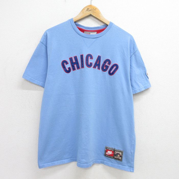 XL/古着 ナイキ NIKE 半袖 ビンテージ Tシャツ メンズ 00s MLB シカゴカブス コットン クルーネック 水色 メジャーリーグ ベースボール 野