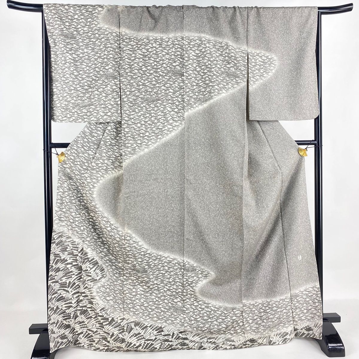 訪問着 身丈172.5cm 裄丈68cm L 袷 稲 鳥 ぼかし 灰色 正絹 名品