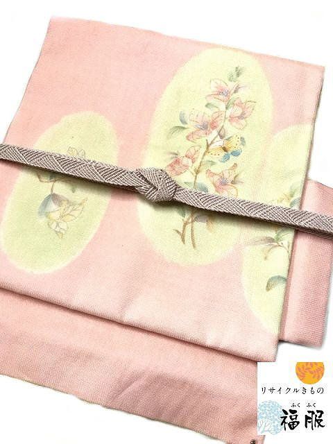 中古】 作り帯 正絹 夏帯 ピンク地に枝花模様 お太鼓柄 九寸