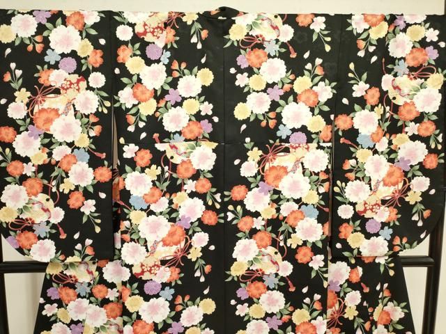 平和屋着物○小振袖 二尺袖 花鞠文 黒地 洗える着物 DAAY2476op - メルカリ