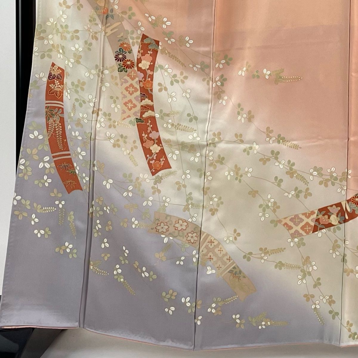 訪問着 身丈164cm 裄丈65cm M 袷 短冊 松竹梅 金彩 ぼかし サーモン  