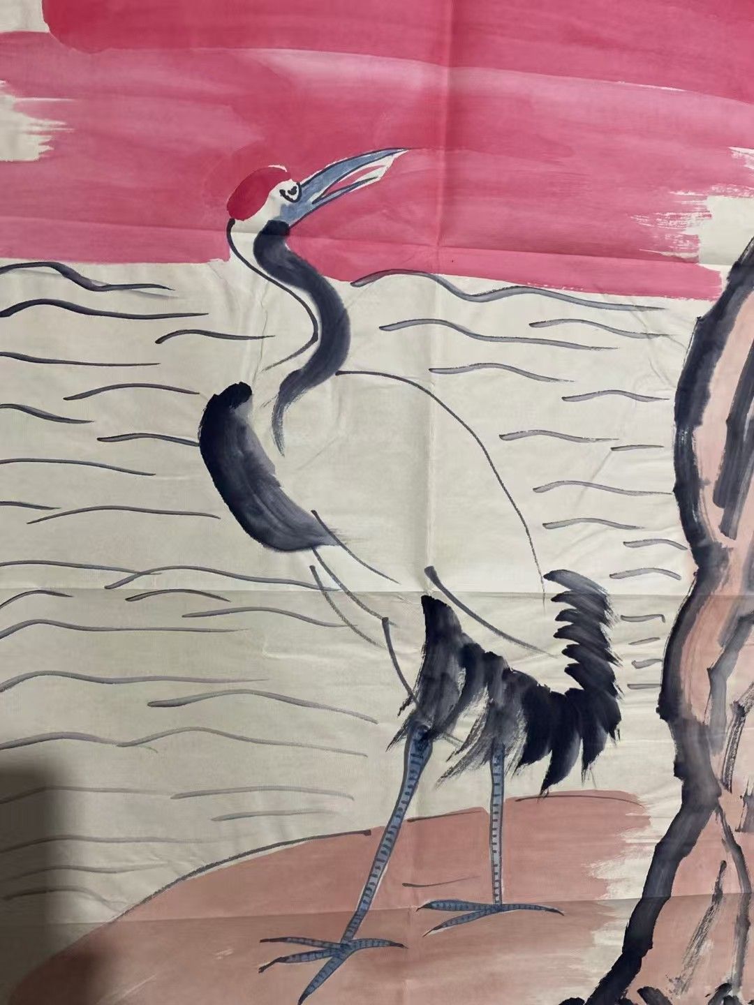 中国古美術. 旧蔵.齊白石款.手描き.鶴壽長春圖.書道品.宣紙