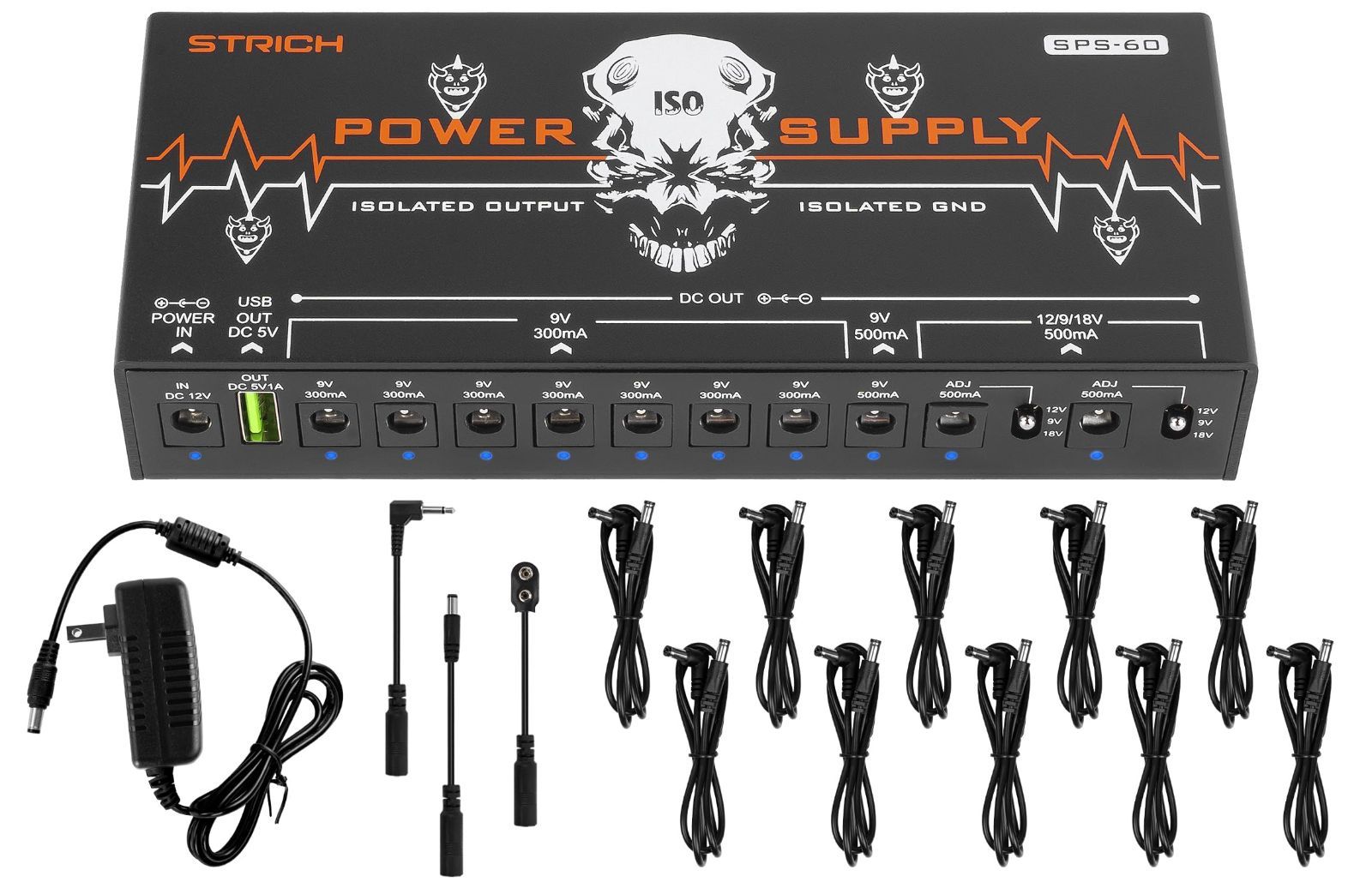 STRICH SPS-60 ギターペダル電源 10完全分離型ペダルボード電源 DC 9V|12V|18V出力 300mA|500mA ハイパワーで高電流エフェクトペダル用 ノイズレス