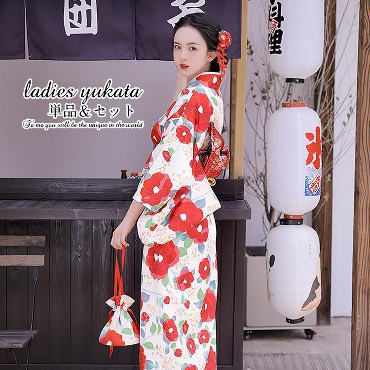 椿柄 浴衣 ゆかた yukata レディース 女性 作り帯 セット 2点セット 女性 女の子 洗える お花見 レトロ 街着 お出かけ お稽古 TMX0889
