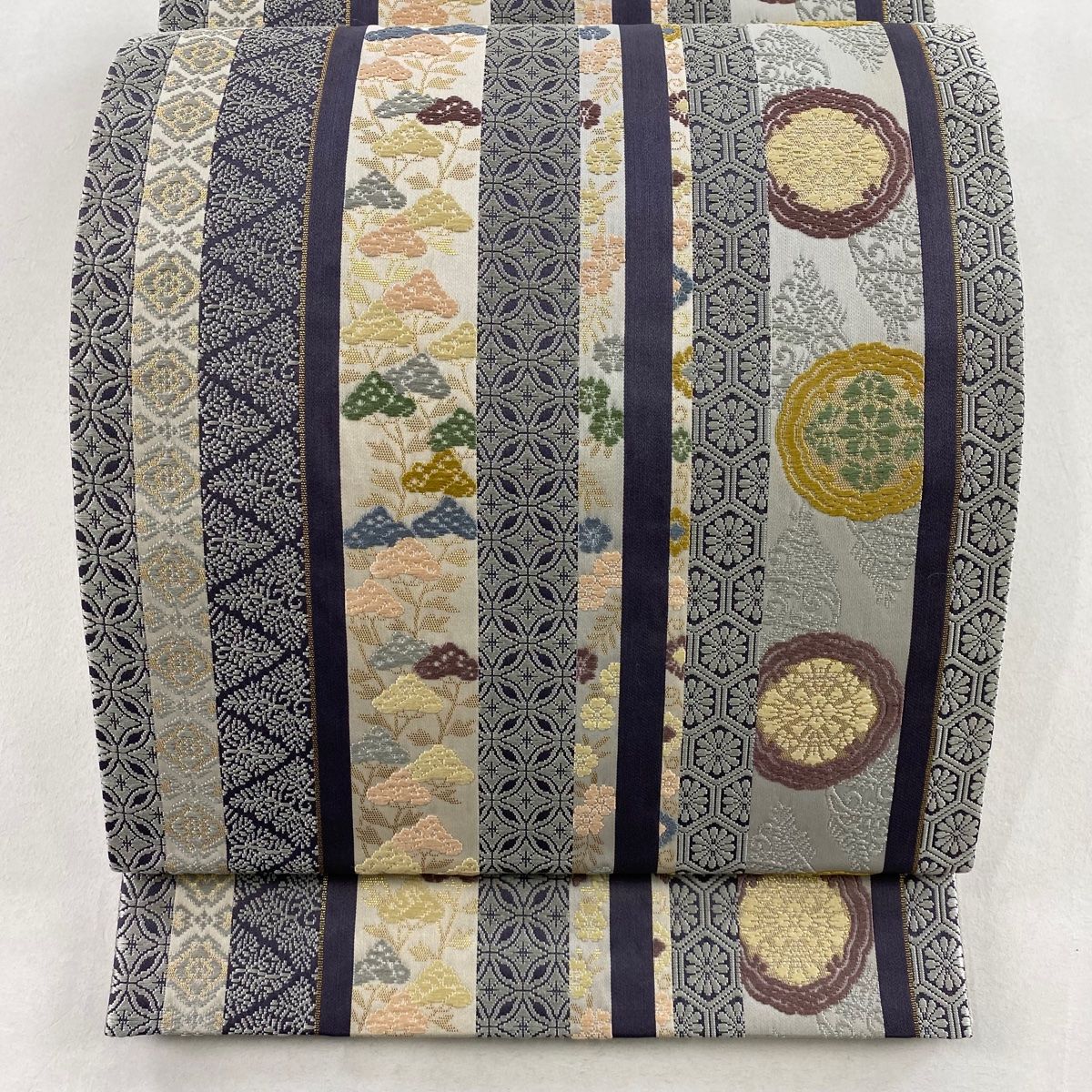 袋帯 美品 名品 女郎花 七宝文 麗粋唐織 箔 青灰色 六通 正絹
