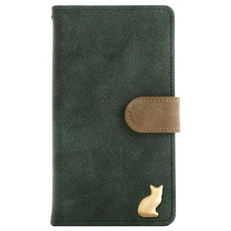 新品　iPhone 14 Plus プラス ケース 手帳型 スマホケース 合皮 PUレザー ヴィンテージ風 猫 ネコ ゴールド キャット カード入れ マグネット ベルト (iPhone14Plus， ダークグリーン)