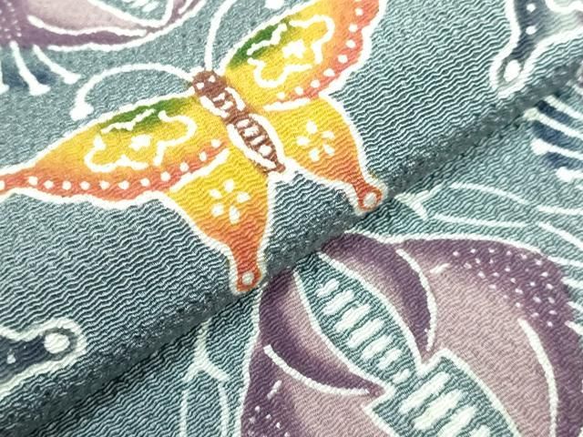 平和屋本店■最高級　城間栄順　本場琉球紅型　九寸名古屋帯　舞蝶文　藍墨茶色地　鬼しぼ縮緬　逸品　DZAA5431kh5 平和屋本店□最高級 城間栄順 本場琉球紅型 九寸名古屋帯 舞蝶文 藍墨