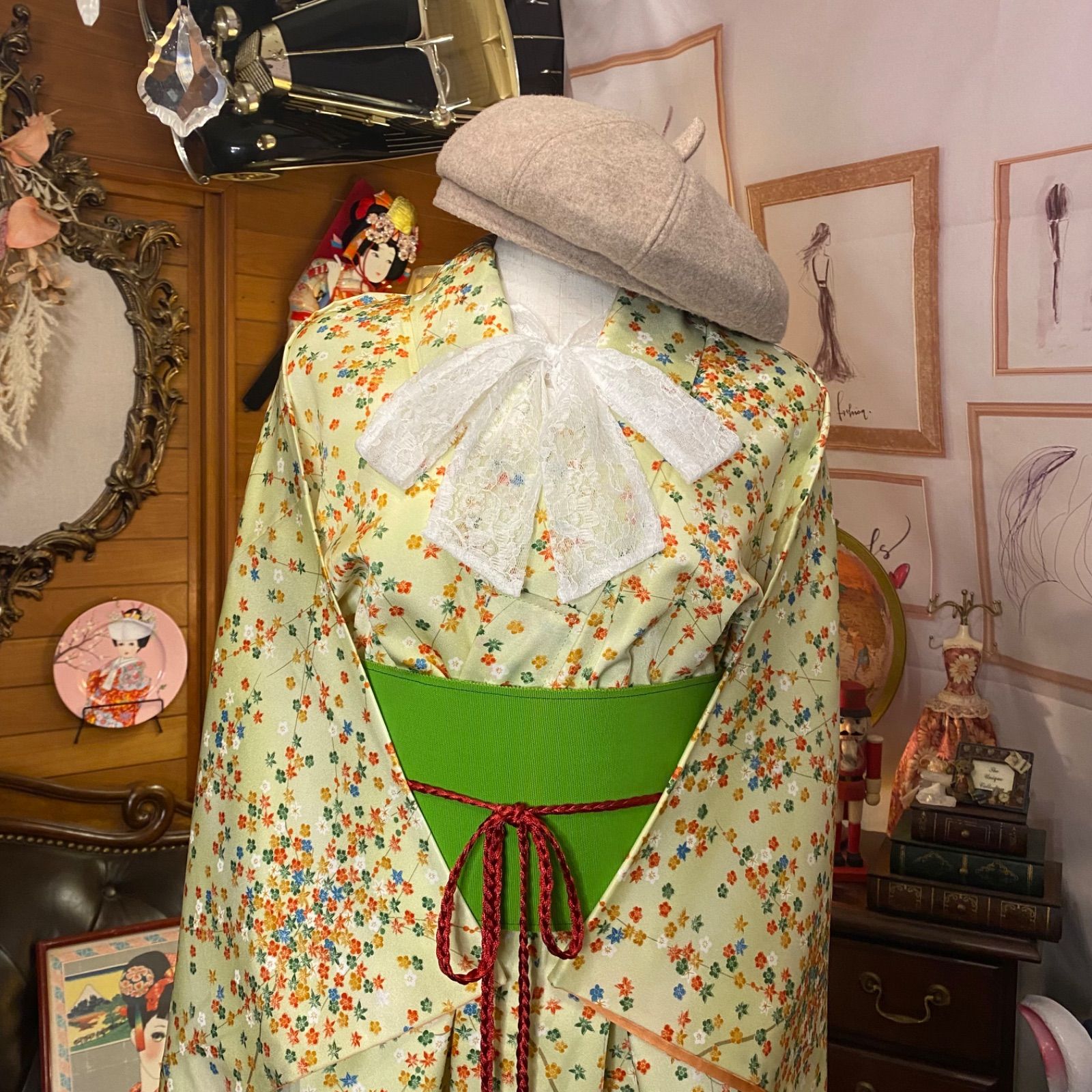 ☆handmade着物リメイク：くすみピンク花柄小紋から2WAYゆるワンピース 