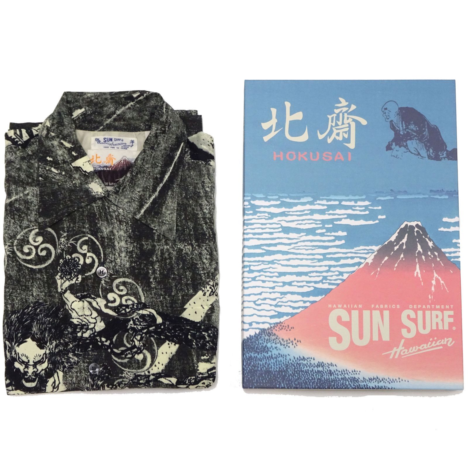 SS39133 サンサーフ SUN SURF  × 葛飾北斎 アロハシャツ スペシャルエディション 「釈迦御一代記図会・六（しゃかごいちだいきずえ・ろく）」 半袖シャツ 箱入り 和柄 雷神 東洋エンタープライズ  ブラック 新品 アメカジショップ