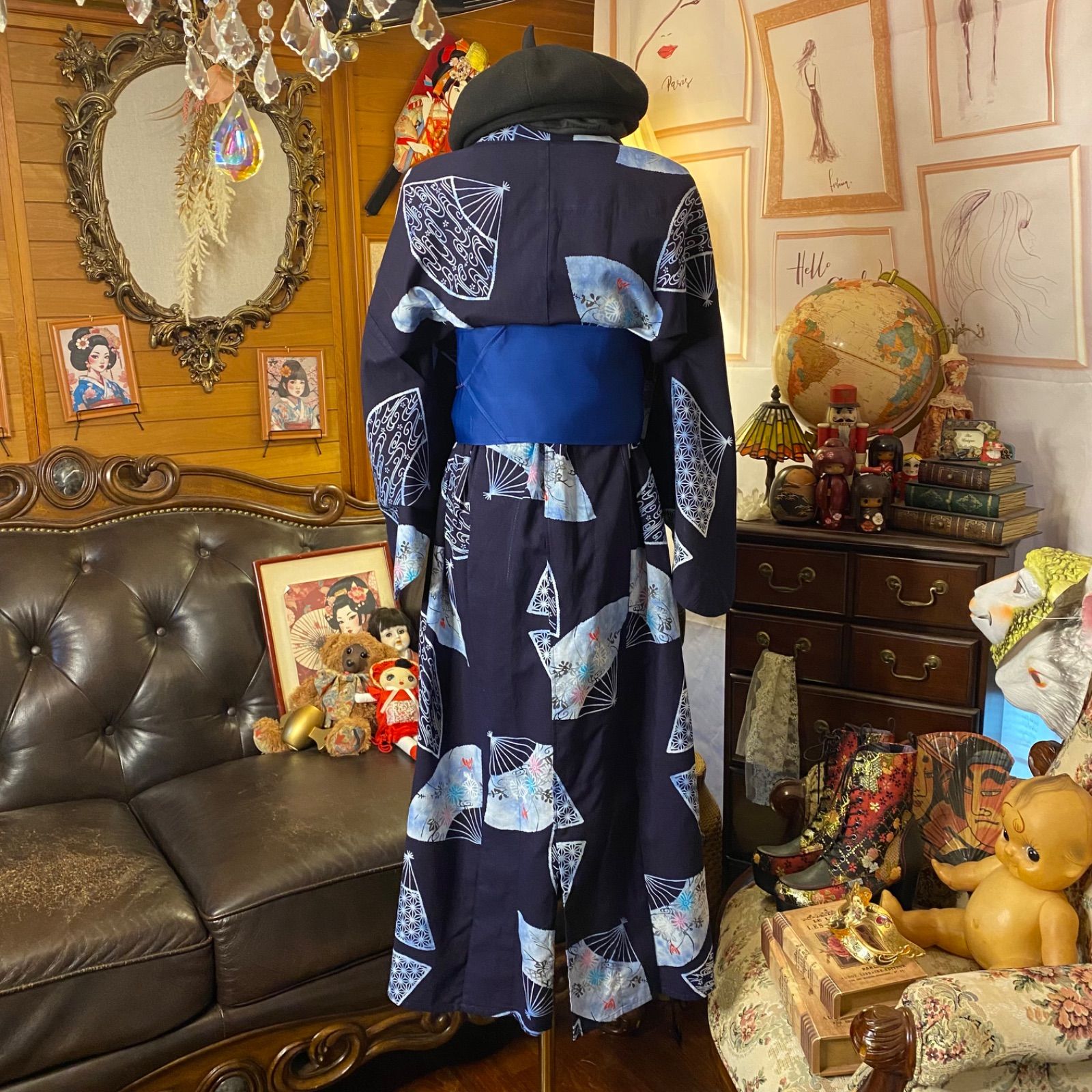 アジア風デザインのロングドレス浴衣リメイクワンピース 藍染 浴衣リメイク セミロング ワンピース ドレス 帯サッシュ