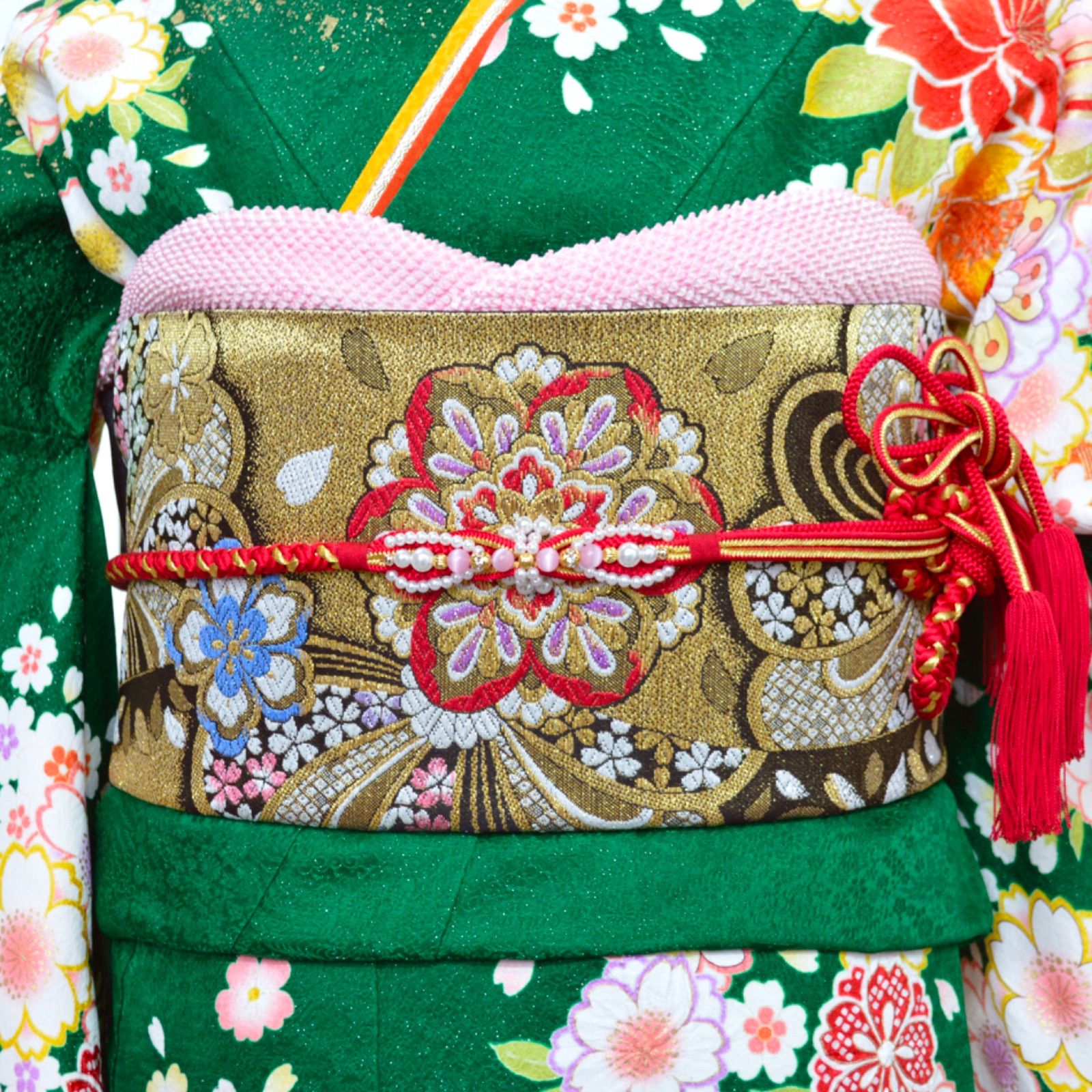 振袖　超美品　正絹　パールトーン加工 美品》正絹 パールトーン加工 緑地 成人式 M〜Lサイズ 振袖フルセット 着物・浴衣