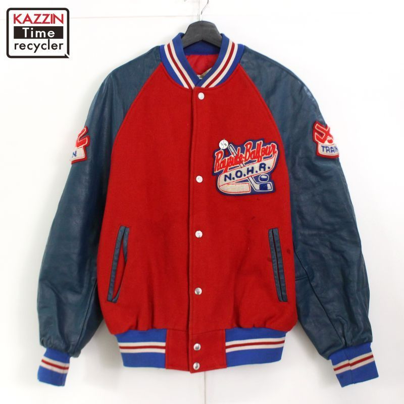 70s vintage ホッケー カレッジ ラグラン アームレザー スタジャン メンズ L~XLサイズ相当 ビッグサイズ オーバーサイズ