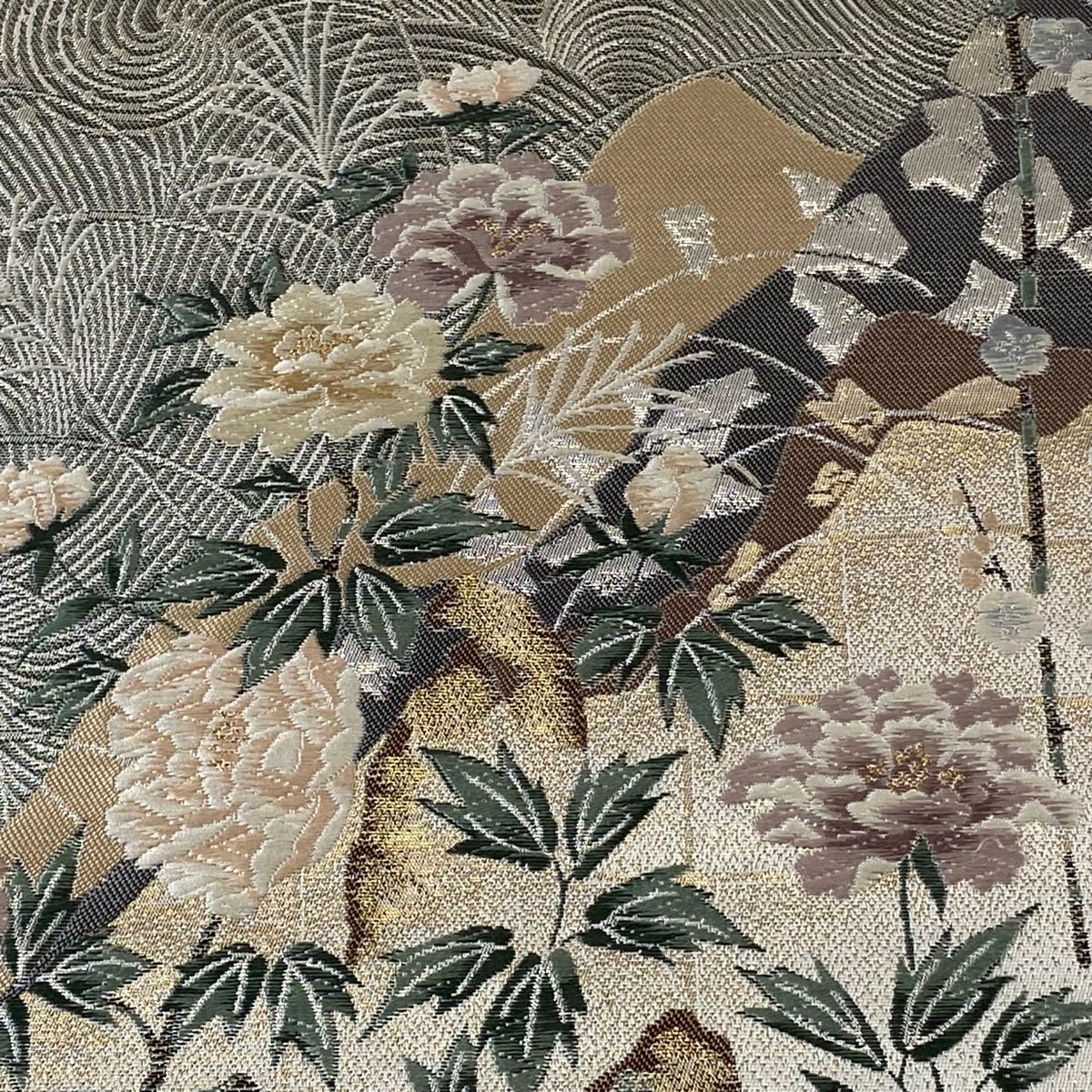 正絹　袋帯　六通柄絹製　漆箔螺鈿細工　秋草斜線文　金銀糸　超美品!! 袋帯 美品 秀品 関西仕立て 鶴 草花 金銀糸 箔 銀色 六通 正絹