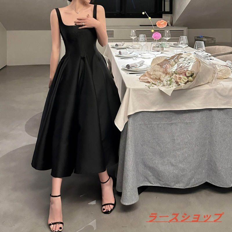 パーティードレス 黒 ヘップバーンスカート ドレス ウェディングドレス ミモレ丈 花嫁 二次会 ドレス 結婚式 お呼ばれ 演奏会 ワンピース