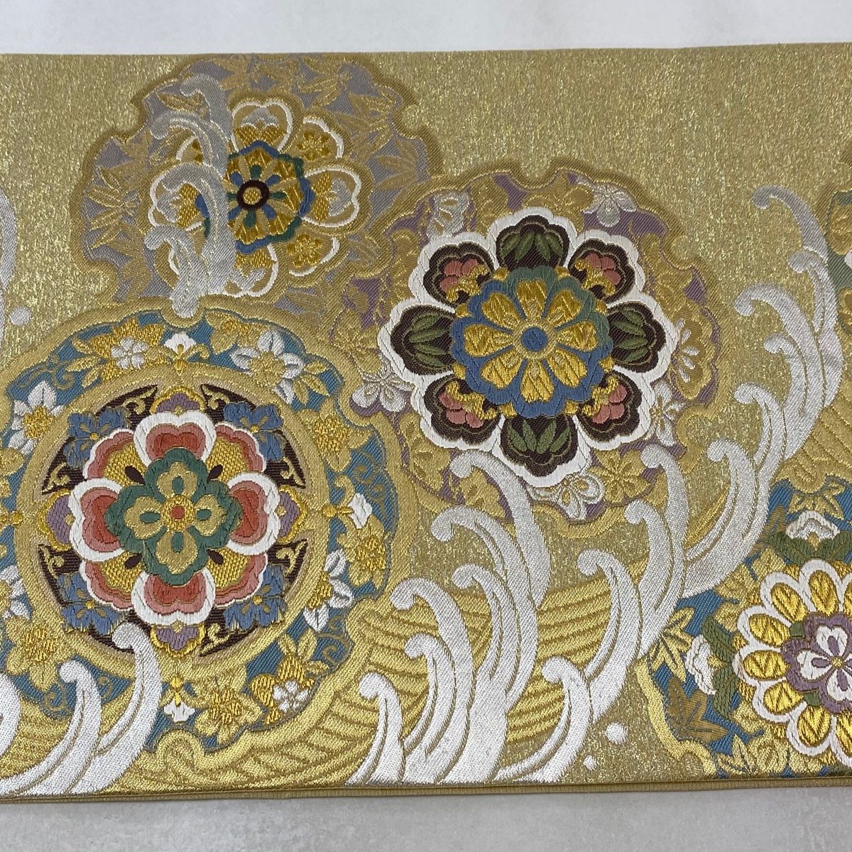 袋帯 秀品 雪輪 華文 金銀糸 唐織 金色 六通 正絹 【中古
