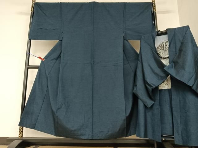 平和屋着物●男性 紬 アンサンブル 色無地 濃藍色 キングサイズ 正絹 AAAZ7514zg