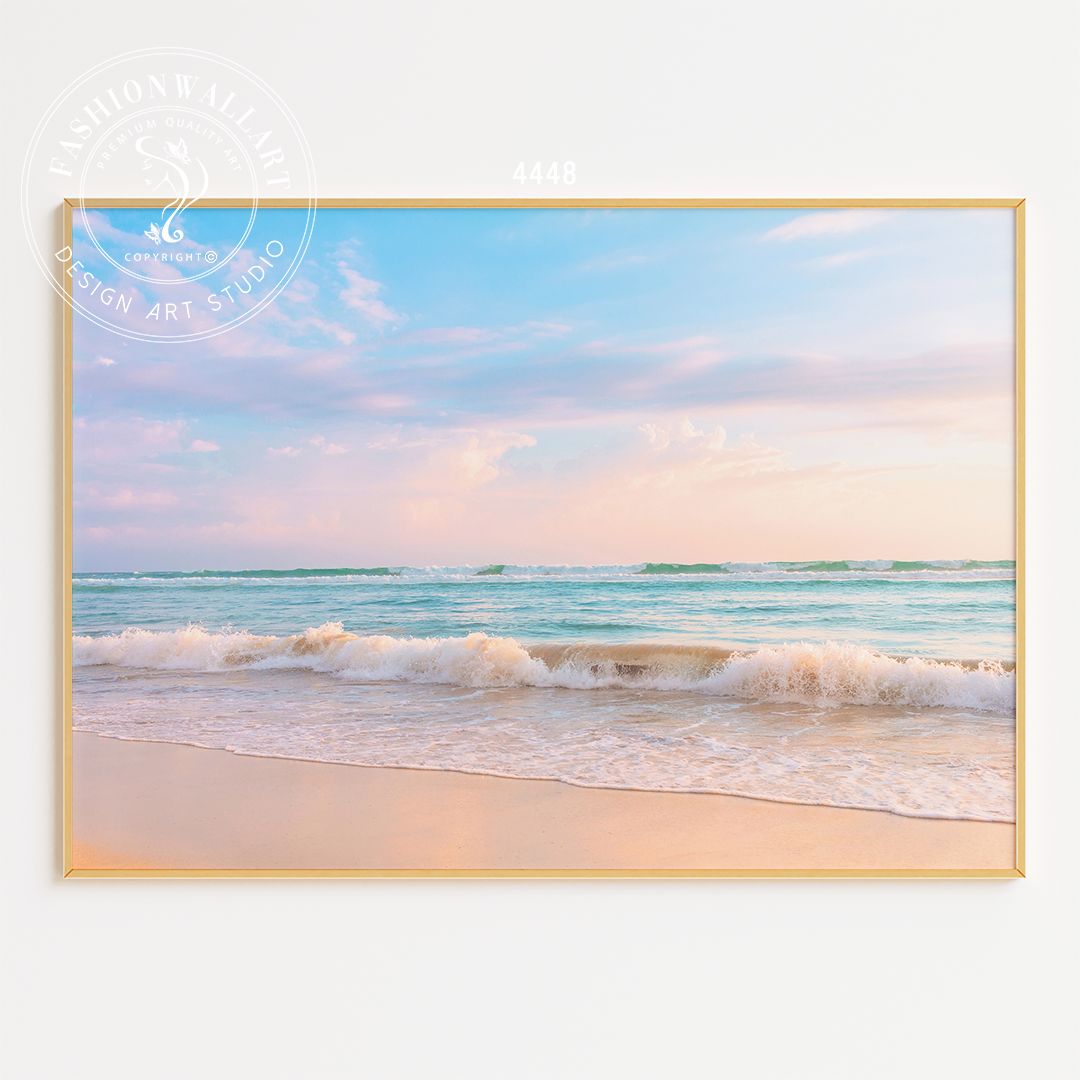 アートポスター パステルビーチ 波打ち際 サンセット エメラルド