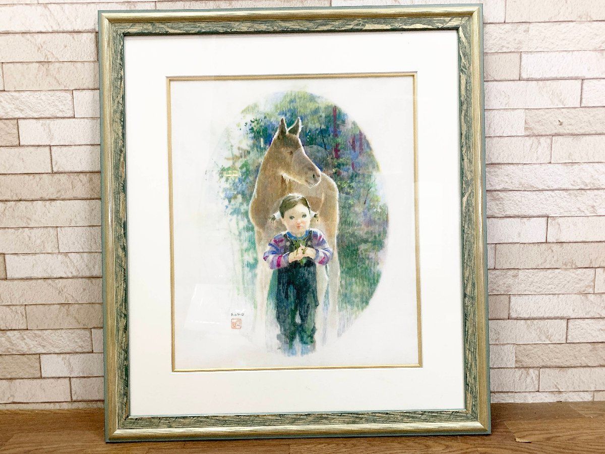 土野進 ?野進 仔うまのお世話 額装10号 パステル画 絵画 元一水会員 美術品 アート インテリア 額縁 額付絵画 額寸69×77 他169