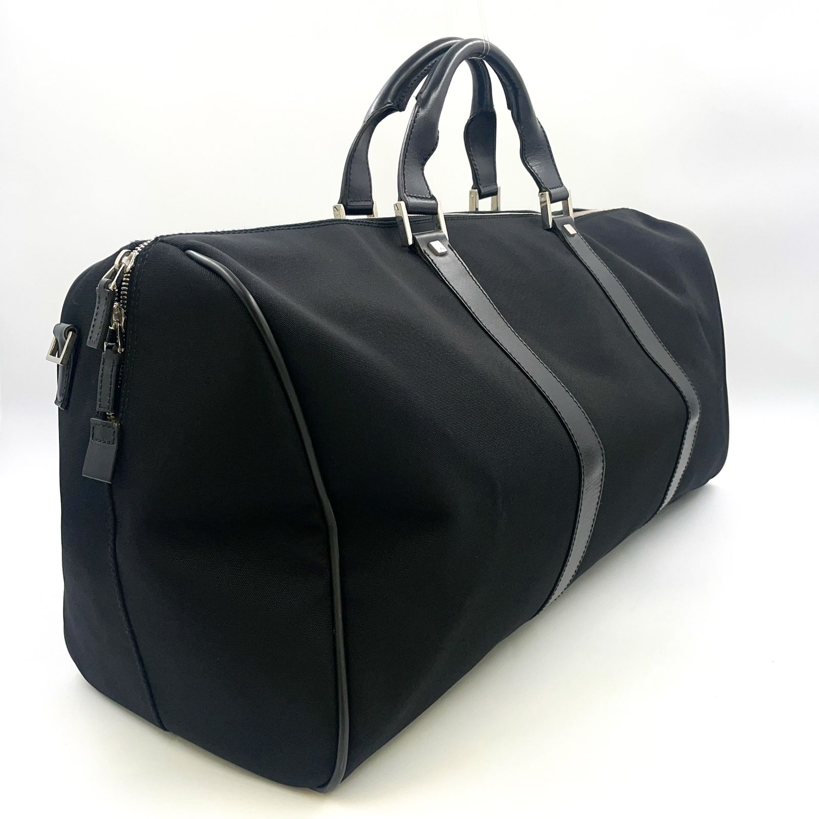 GUCCI レザー×キャンバス ブラック ボストンバッグ シルバー 0120399